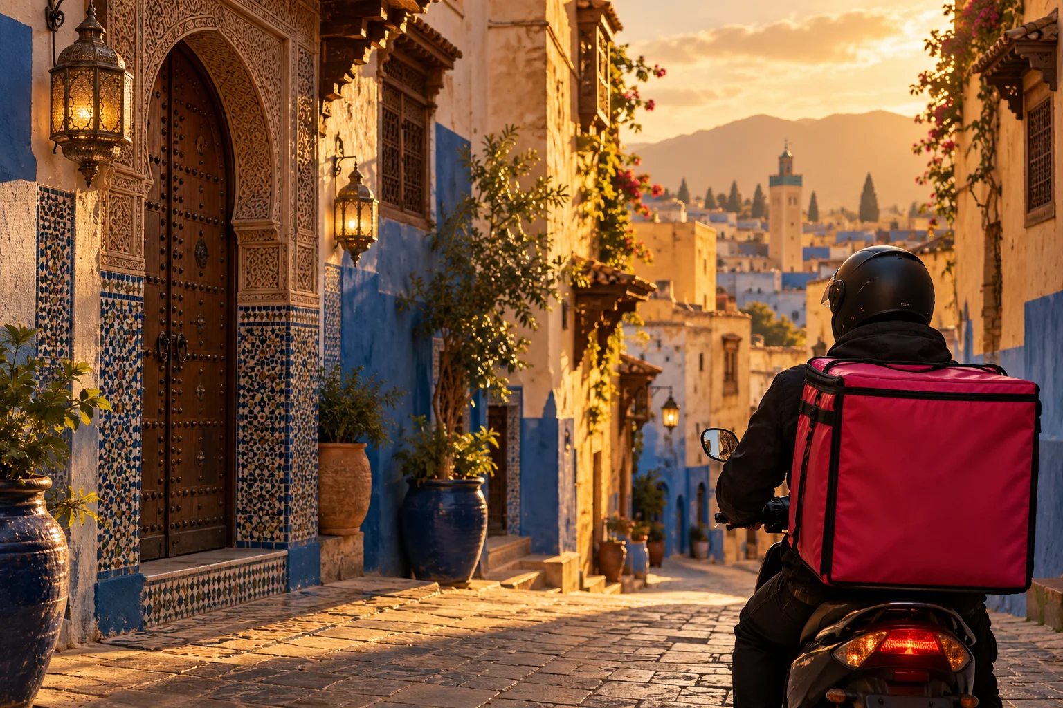 Un coursier Anir à moto dans une ruelle de la médina de Fès au coucher du soleil
